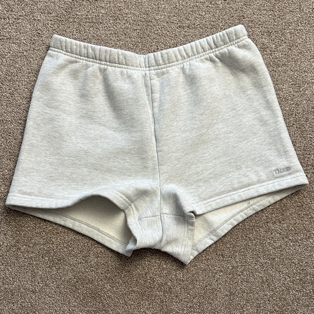 aritzia - tna sweatfleece cozy fleece perfect fit shorts (light grey)